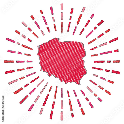 Sketch map of Poland. Sunburst around the country in flag colors. Hand drawn Poland shape with sun rays on white background. Vector illustration. photo