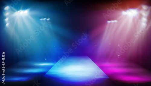 Stage podium illuminated by spotlights. Empty runway before fashion show. Colorful background. Vector illustration.