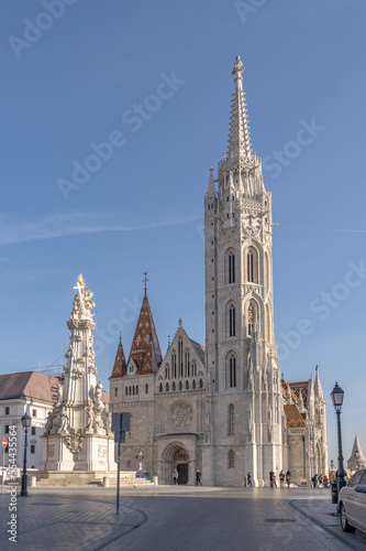 Budapest, Hungary - Feb 9, 2020: Holy Trinity square on Fisherman's Bastion in morning sun