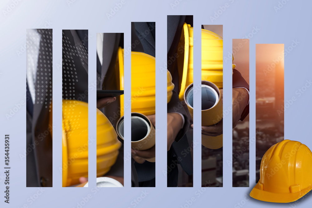 Fototapeta premium Double exposure engineering using digital technology interfaces icon with construction cranes no city background.