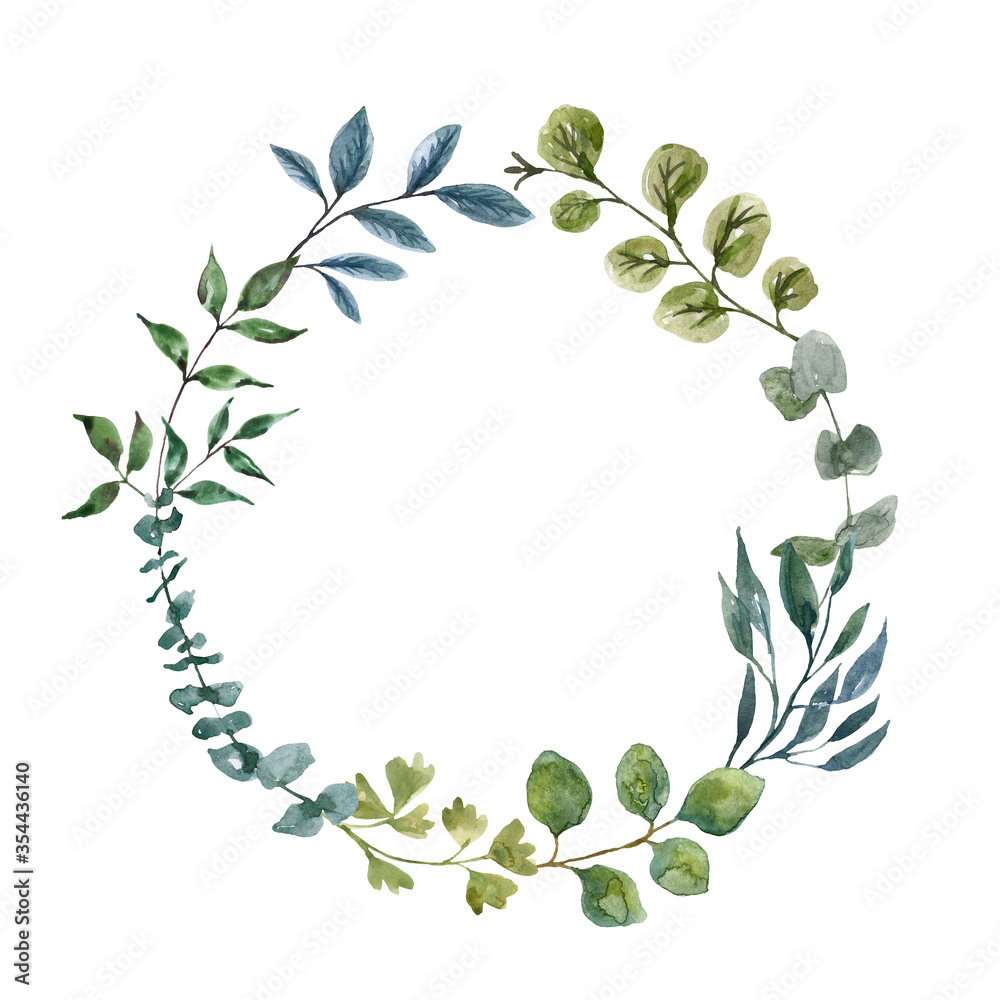 Watercolor greenery wreath with hand painted green leaves and foliage ...