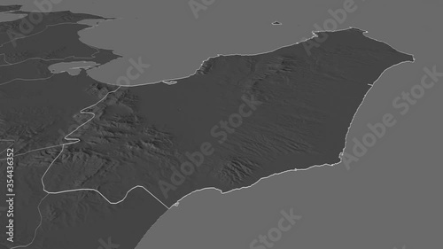 Nabeul, governorate with its capital, zoomed and extruded on the bilevel map of Tunisia in the conformal Stereographic projection. Animation 3D photo