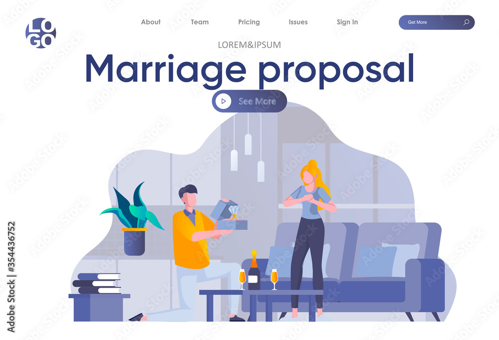 Marriage proposal landing page with header. Man standing on one knee and holding diamond ring scene. Marry me concept with couple in love. Romantic engagement and marriage flat vector illustration.