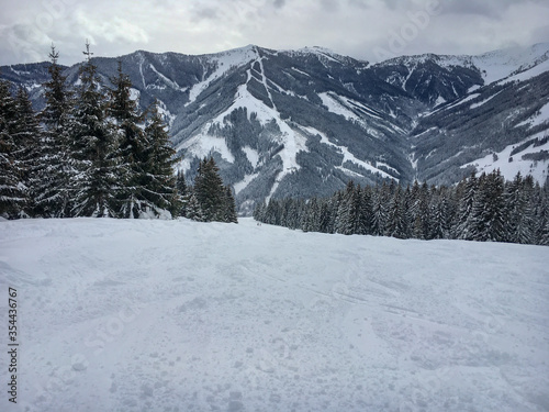 Scenic view from slope of Viehofen ski route in the ski region Saalbach-Hinterglemm.