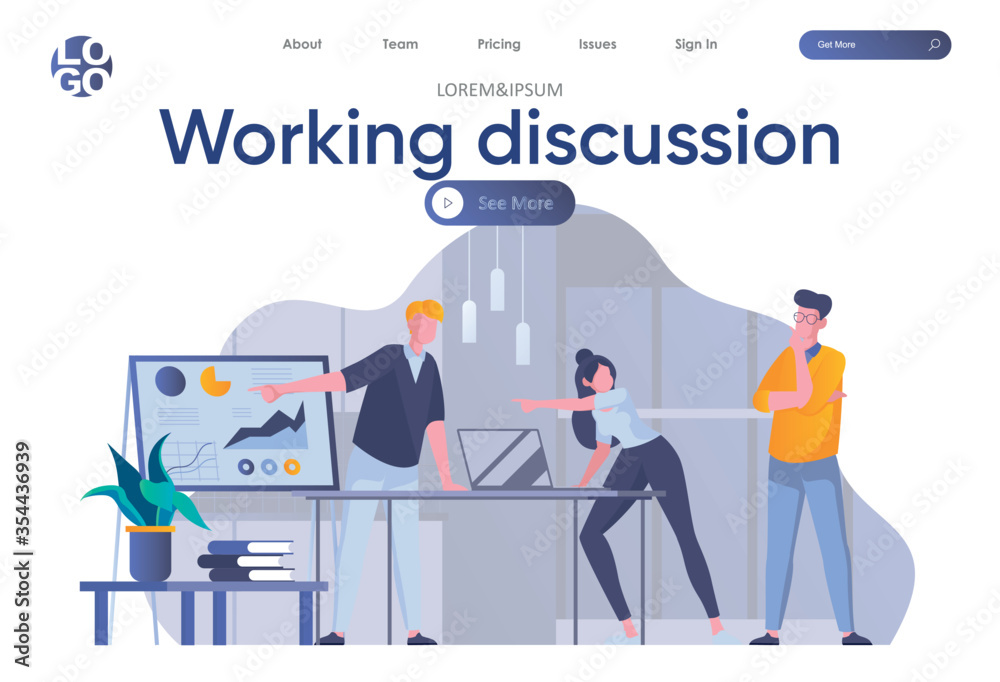 Working discussion landing page with header. Team of colleagues discussing project near whiteboard with infographics scene. Corporate teamwork situation, debating at work flat vector illustration.