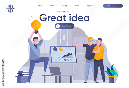 Great idea landing page with header. Man presenting new great idea before investors, startup team brainstorming in office scene. Coworking, teamwork and creativity situation flat vector illustration.