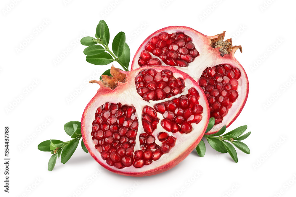 Pomegranate half isolated on white background with clipping path and full depth of field. Pomegranate half isolated on white background with clipping path and full depth of field.
