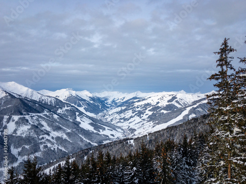 Scenic view of ski region Saalbach Hinterglemm in the Austria alps .