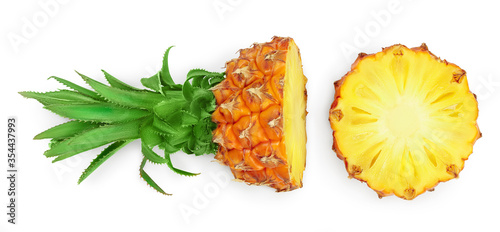 pineapple half with slice isolated on white background with clipping path and full depth of field. Top view. Flat lay