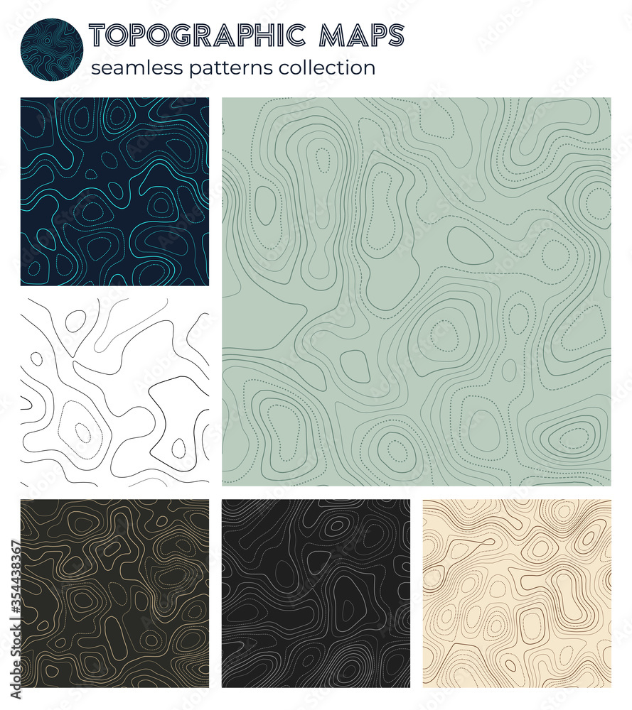 Topographic maps. Amazing isoline patterns, seamless design. Stylish tileable background. Vector illustration.