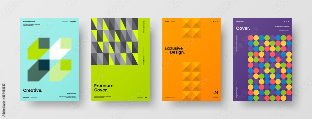 Fototapeta premium Company identity brochure template collection. Business presentation vector A4 vertical orientation front page mock up set. Corporate report cover abstract geometric illustration design layout bundle.