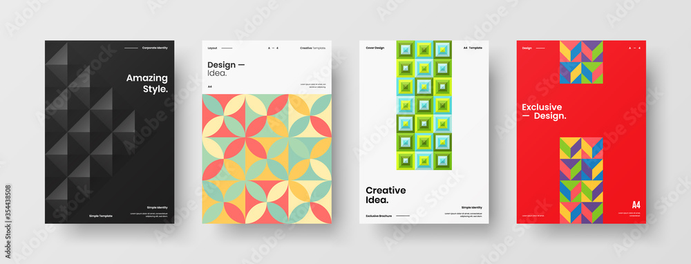 Fototapeta premium Company identity brochure template collection. Business presentation vector A4 vertical orientation front page mock up set. Corporate report cover abstract geometric illustration design layout bundle.