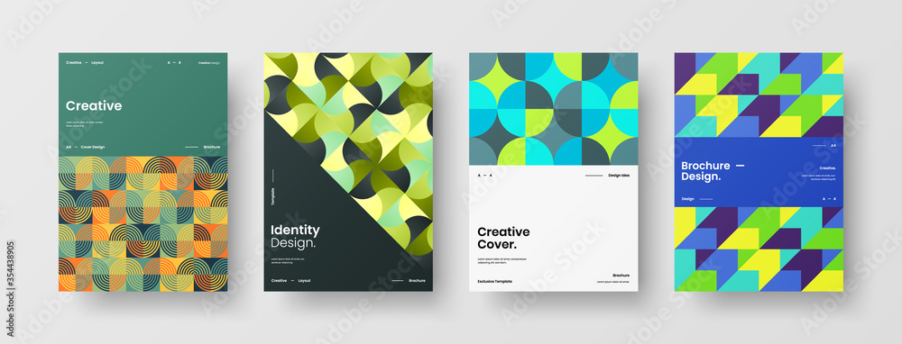 Company identity brochure template collection. Business presentation vector A4 vertical orientation front page mock up set. Corporate report cover abstract geometric illustration design layout bundle.