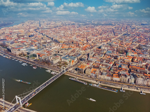Beautiful morning top view of Budapest. Top view of the bridge Erzhebet and Danube. Hungary.