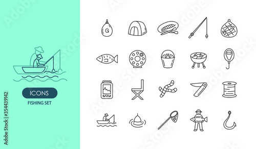 Fishing icons set for web design, menu, app, poster, ads, postcard and magazine