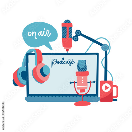 On air sign podcast concept. Record studio devices - headphones, microphone, headset, laptop. Media and entertainment. News, radio and television broadcasting elements. Flat vector illustration.