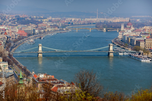 View of the Danube in Budapest. Chain Bridge, Parliament. View in the afternoon. Hungary.