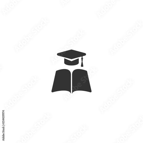 black open book with graduation cap or mortar board.
