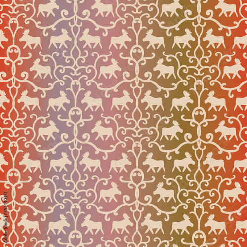 Moose damask seamless vector pattern with ombre gradient. Animal themed surface print design. For fabric, stationery, scrapook paper, packaging, and home decor.