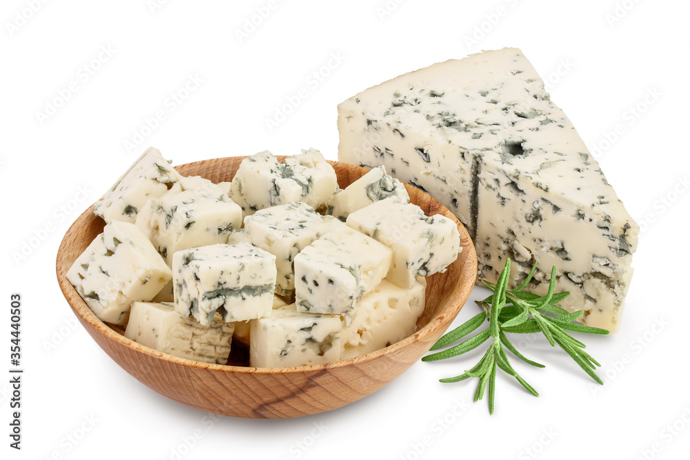 diced Blue cheese in wooden bowl isolated on white background with clipping path and full depth of field.