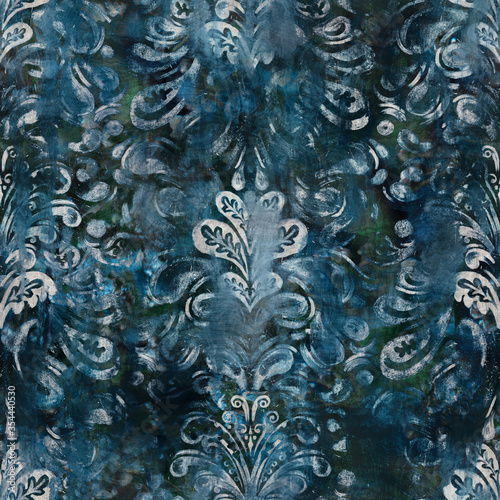 Seamless wet-on-wet blue watercolor wash grungy wet painted jumbled damask graphic design. Seamless repeat raster jpg pattern swatch.