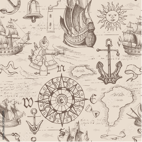 Vector abstract seamless pattern on the theme of travel, adventure and discovery and pirates. Vintage repeating background with hand-drawn ships, anchors, islands and sea monsters.