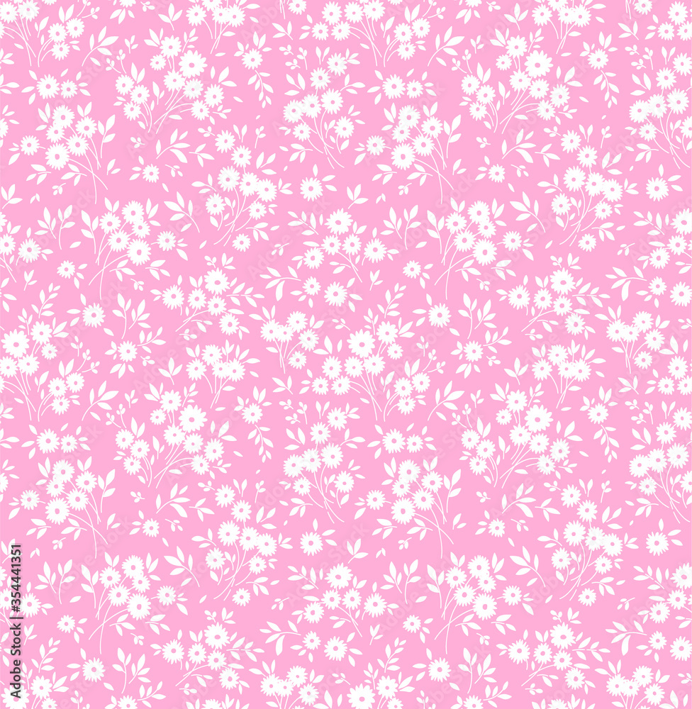 Cute floral pattern in the small flower. Ditsy print. Motifs scattered random. Seamless vector texture. Elegant template for fashion prints. Printing with small white flowers. Pale pink background.