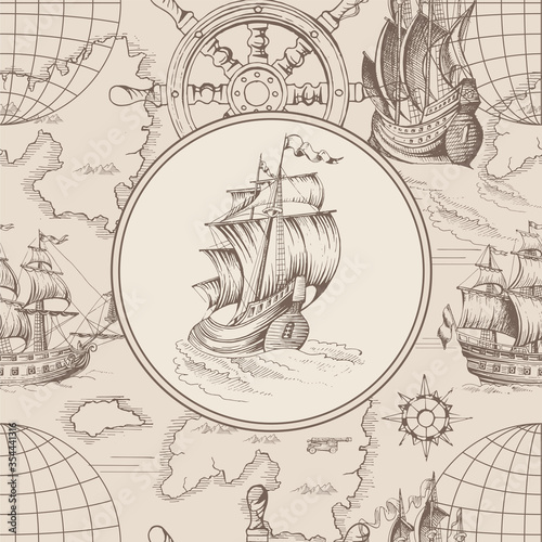 Vector abstract seamless pattern on the theme of travel, adventure and discovery and pirates. Vintage repeating background with hand-drawn ships, anchors, islands and sea monsters.