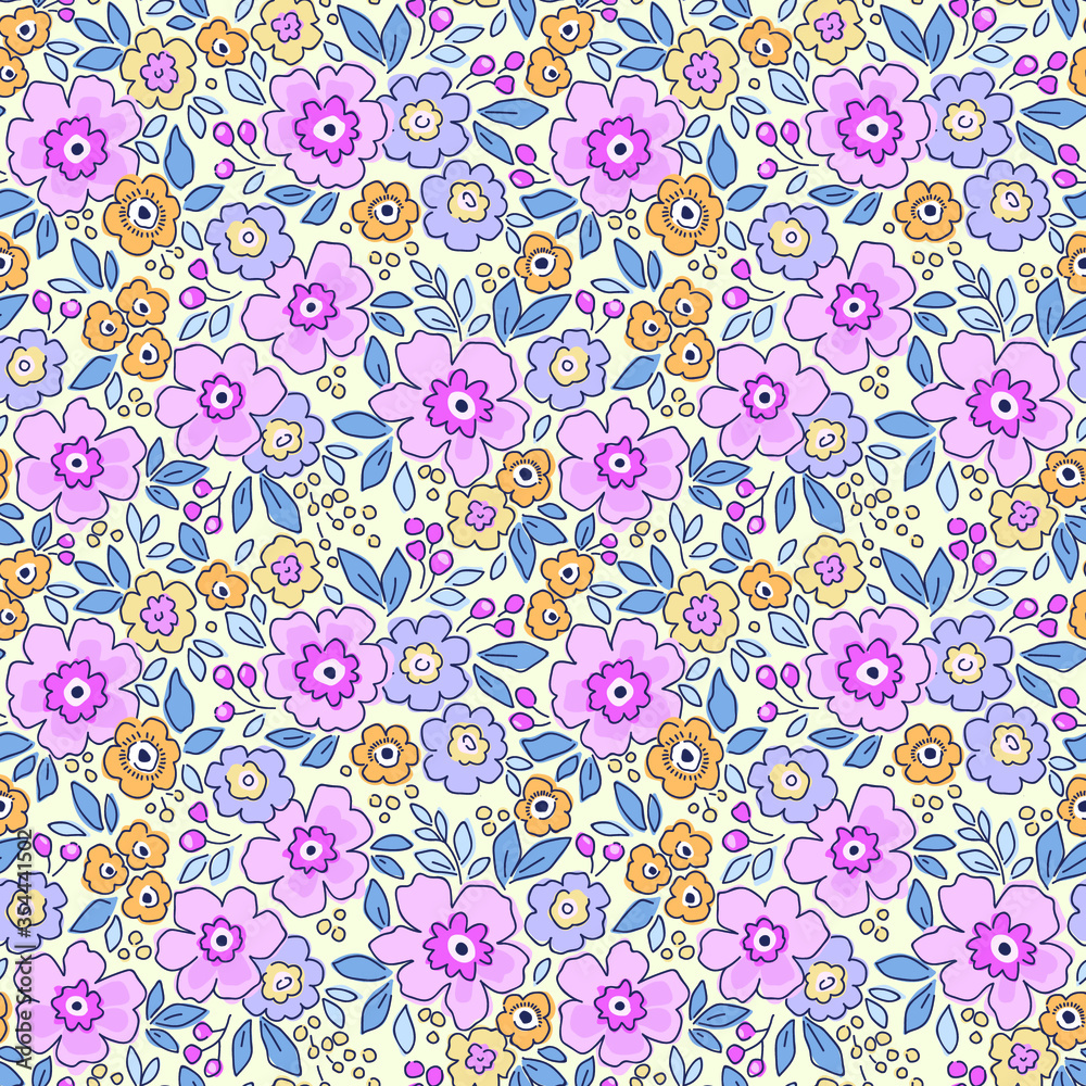 Elegant floral pattern in small pink and lilac flower. Liberty style. Floral seamless background for fashion prints. Ditsy print. Seamless vector texture. Spring bouquet.