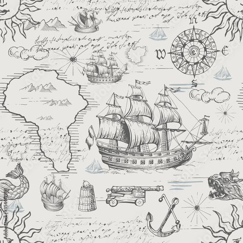 Vector abstract seamless pattern on the theme of travel, adventure and discovery and pirates. Vintage repeating background with hand-drawn ships, anchors, islands and sea monsters.