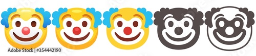 Clown emoji. Funny yellow face with circus makeup, big smile, two tufts of blue hair and red nose. Foolish flat vector icon set