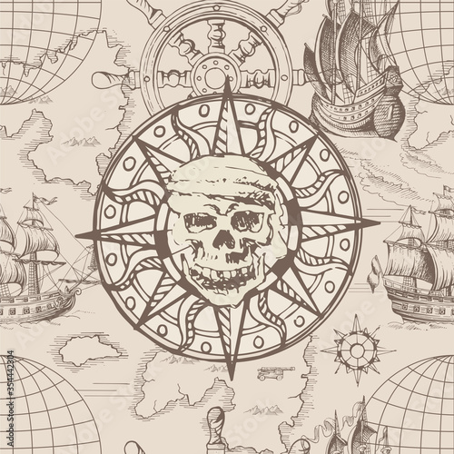 Vector abstract seamless pattern on the theme of travel, adventure and discovery and pirates. Vintage repeating background with hand-drawn ships, anchors, islands and sea monsters.
