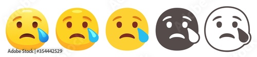 Crying emoji. Yellow face with raised eyebrows, sad smile and blue tear from one eye. Sadness emoticon flat vector icon set