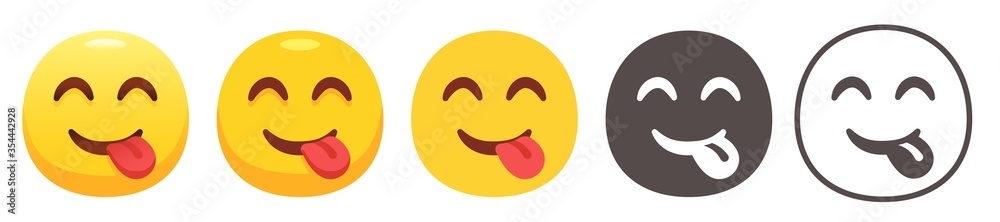 Savouring delicious food emoji. Yellow face with smiling eyes, closed smile and tongue sticking out. Yummy emoticon flat vector icon set Savouring delicious food emoji. Yellow face with smiling eyes, closed smile and tongue sticking out. Yummy emoticon flat vector icon set