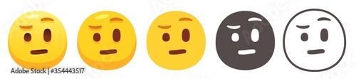 Raised eyebrow emoji. Yellow face with furrowed eyebrows, left raised higher than right emoticon flat vector icon set