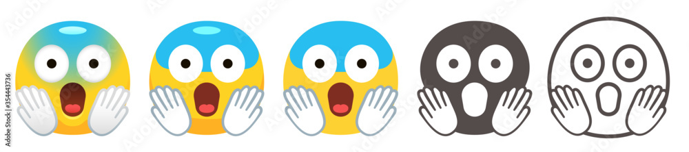 Screaming in fear emoji. Yellow face with blue forehead, big scared eyes and long, open mouth. Scream or weary emoticon flat vector icon set Screaming in fear emoji. Yellow face with blue forehead, big scared eyes and long, open mouth. Scream or weary emoticon flat vector icon set