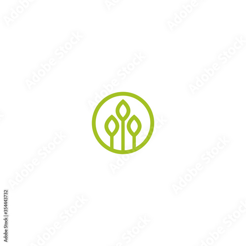 three line sprouts, sprigs, raw with leaves in green circle. Icon isolated on white.