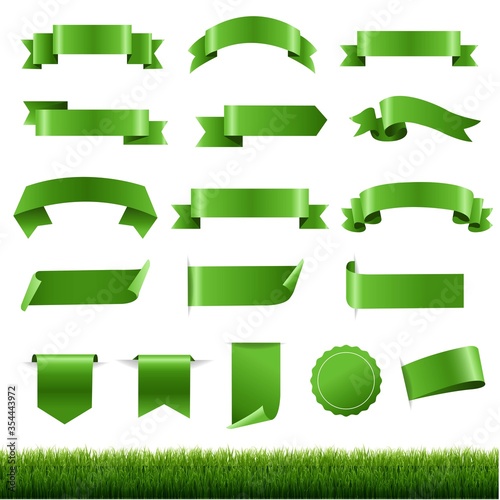 Green Labels And Ribbon Set With Green Grass Border White background