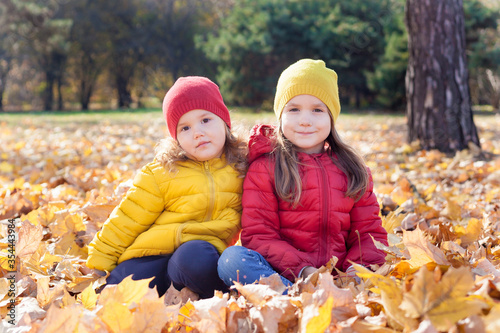 Two cute little happy girls sisters having fun on walk in the park on sunny autumn day. Children play and laugh in yellow leaves. Family active fall weekend with kids