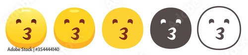 Kissing emoji. Whistling yellow face with puckered lips. Kiss emoticon flat vector icon set