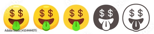Money mouth emoji. Happy yellow face with dollar signs for eyes, open smile and  sticking out green tongue. Rich emoticon flat vector icon set