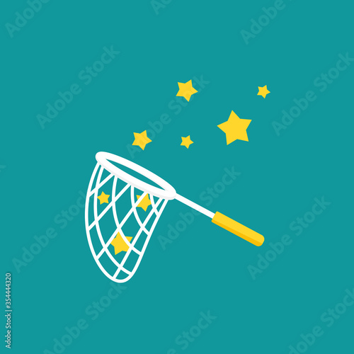 Butterfly net with stars. Catch, hunt, chase symbol. Achieve goals or dreams concept.