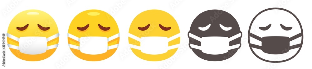 Sad face with medical mask emoji. Surgical mask used by health workers in hospitals. Avoid sickness emoticon flat vector icon set Sad face with medical mask emoji. Surgical mask used by health workers in hospitals. Avoid sickness emoticon flat vector icon set