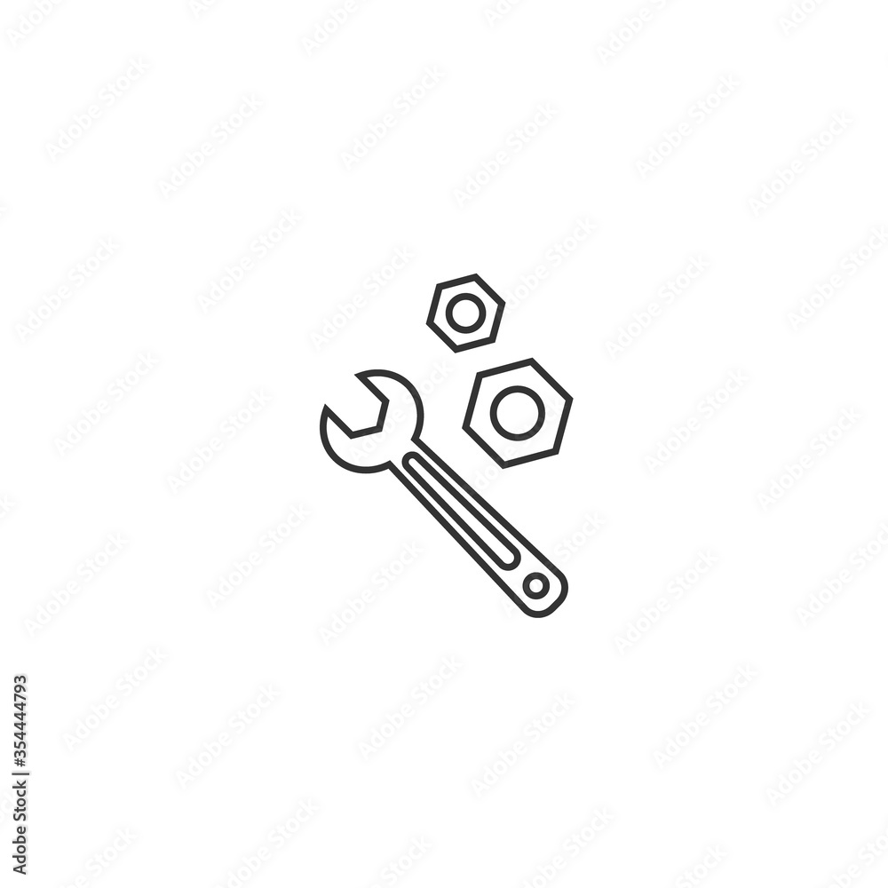 Black wrench or spanner with screw nut icon isolated on white. house repair tool. Black wrench or spanner with screw nut icon isolated on white. house repair tool.