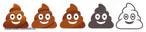 Happy poo pile. Stinky poop emoji with big eyes vector flat icons set