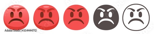 Pouting emoji. Grumpy red face with eyebrows scrunched downward and frowning mouth. Angry emoticon flat vector icon set