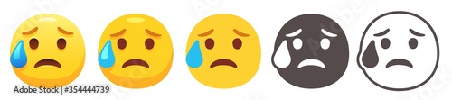 Sad but relieved emoji with eyebrow sweat.  Disappointed and unhappy emoticon. Yellow face with drop of cold sweat, flat vector icon set
