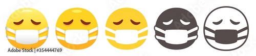 Sad face with medical mask emoji. Surgical mask used by health workers in hospitals. Avoid sickness emoticon flat vector icon set