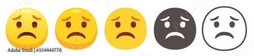 Sad emoji. Unhappy yellow face with furrowed eyebrows. Worried emoticon flat vector icon set