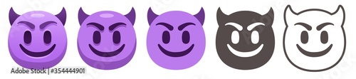 Smiling Face with Horns. Happy purple devil emoji, gloating demon emoticon and evil smile flat vector icons set